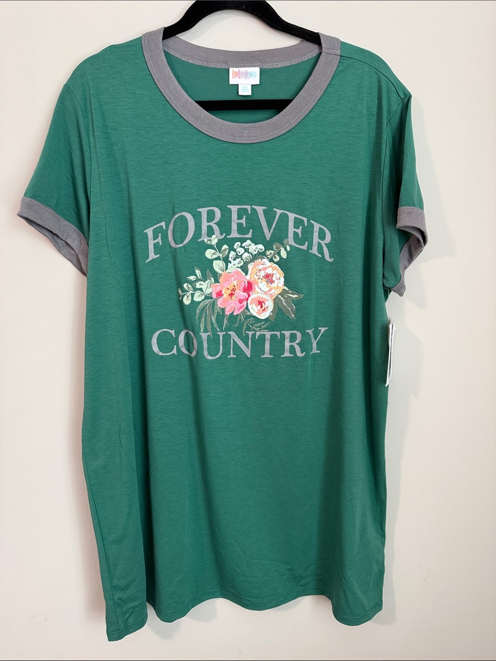LuLaRoe Green Ringer Tee with Floral "Forever Country" Graphic